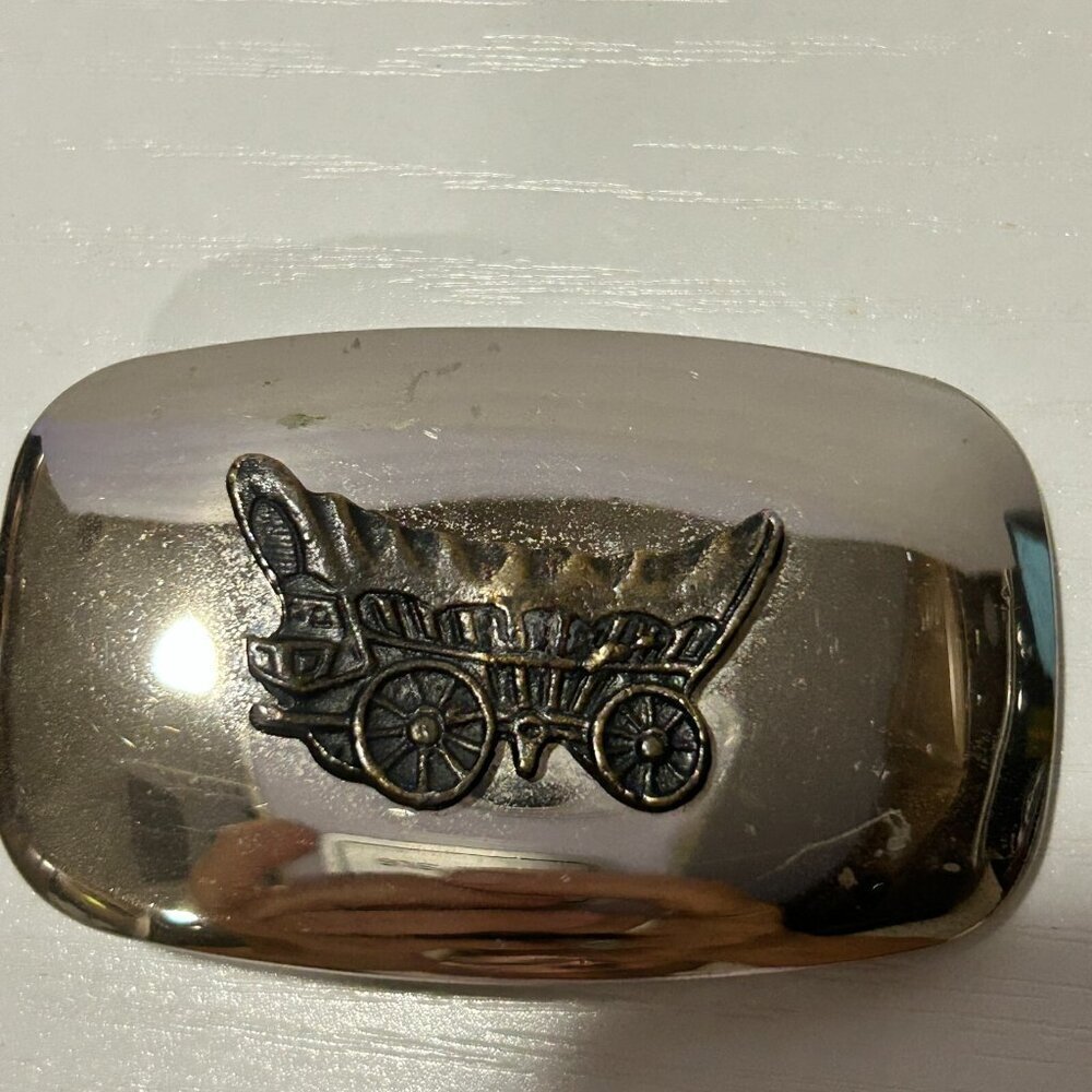 Brass Covered Wagon Silver Belt Buckle 1970s Vintage Made in USA 2-1/2" x 1-1/2"